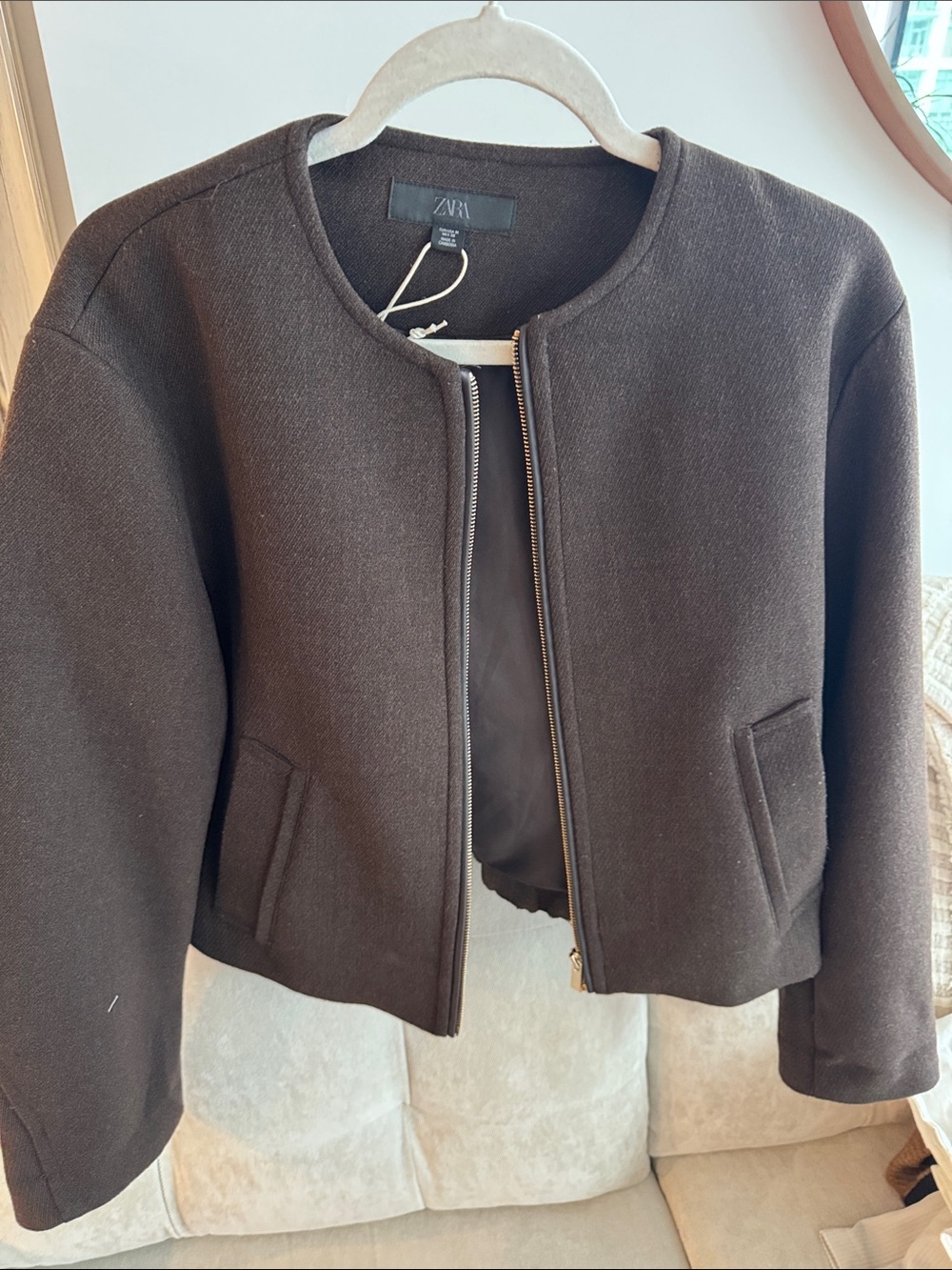 ZARA Brown Collarless Zip Blazer Jacket